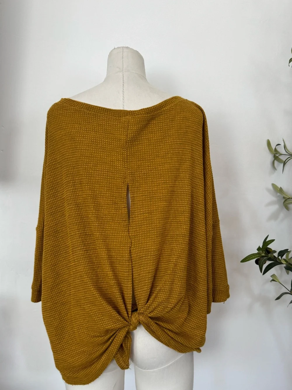 Free People Mustard Waffle Knit Twist Back Oversized Top XS Boho